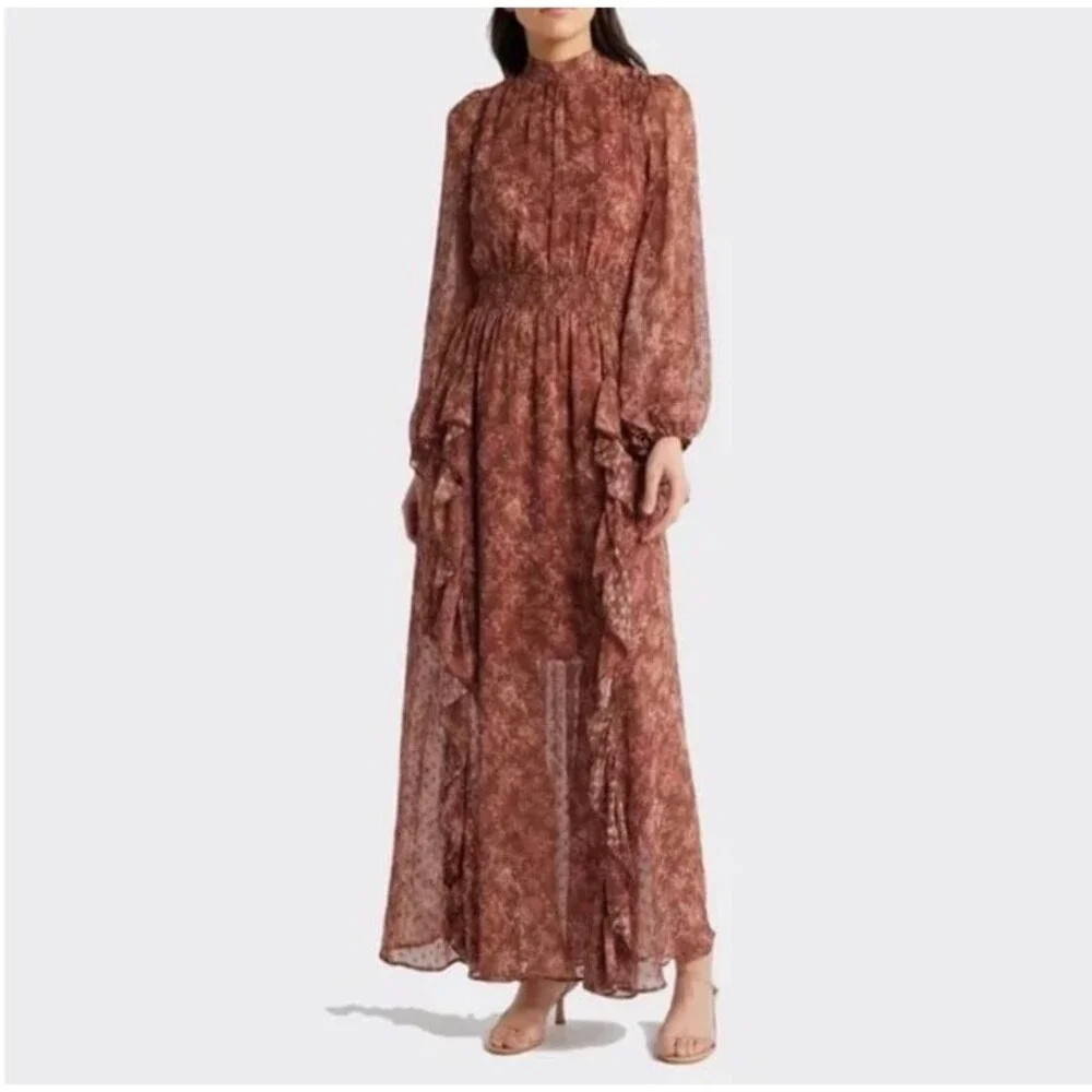 MELLODAY Floral Chiffon Maxi Dress Long Sleeve Boho Fall Fashion Women’s Small - Picture 1 of 12